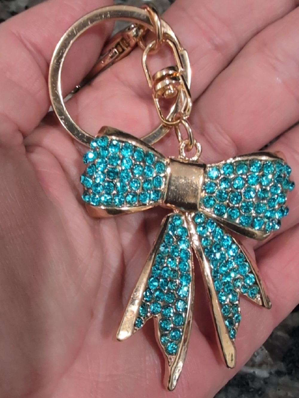 Fashion Jewelry Gold Bow Keychain Or Bag Charm with Turquoise Crystals NWT - Picture 4 of 5